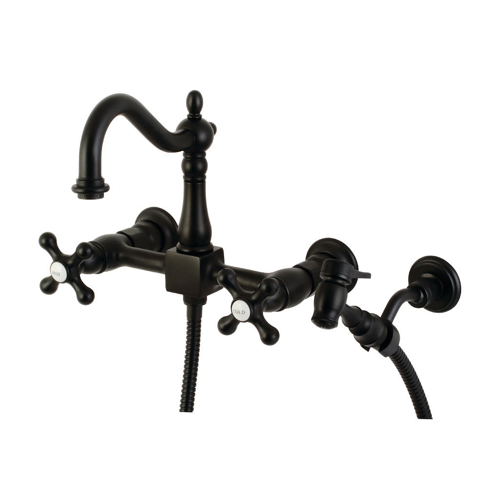 Heritage Wall Mount Bridge Kitchen Faucet with Brass Sprayer