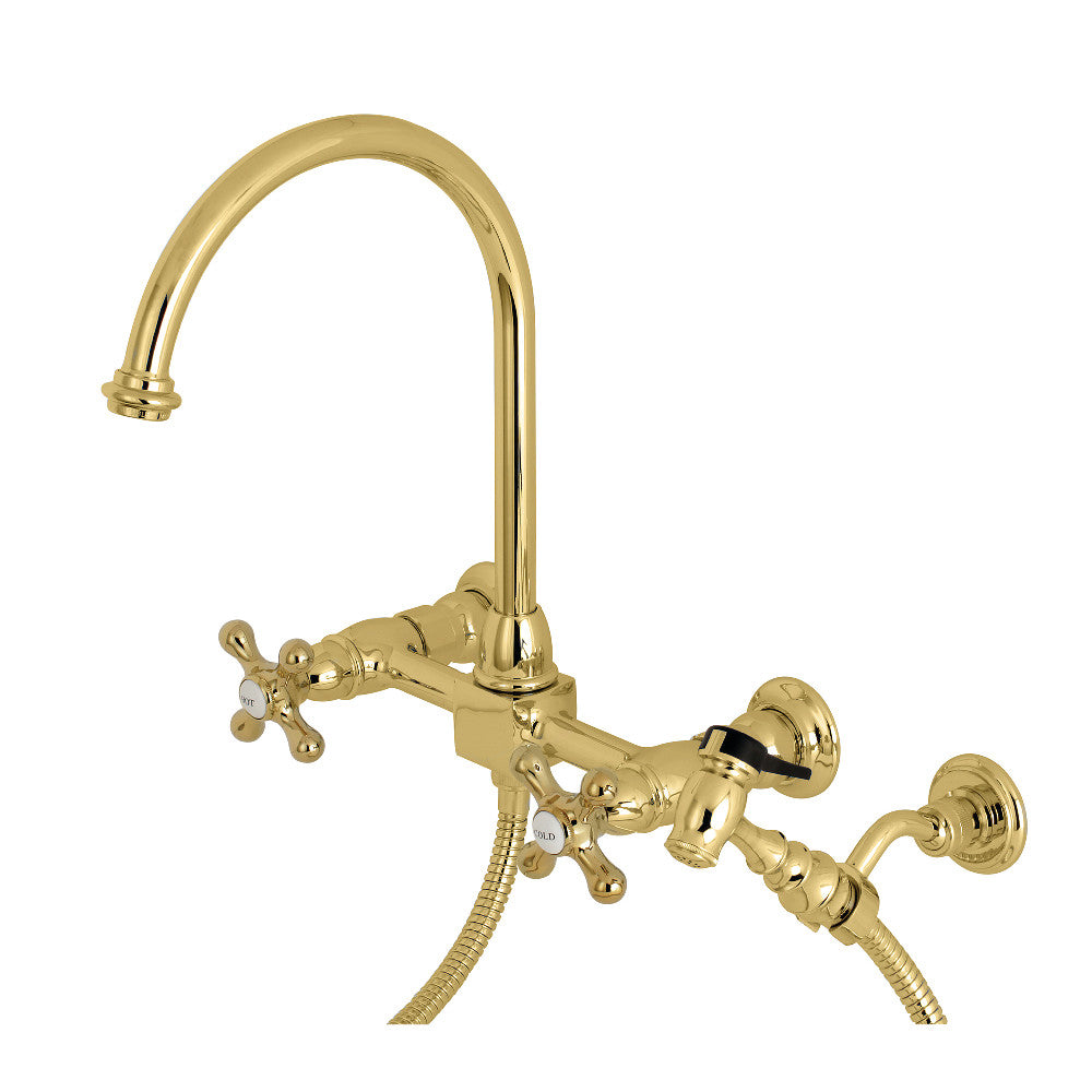 Restoration Wall Mount Bridge Kitchen Faucet In 8.1" Spout Reach With Brass Sprayer