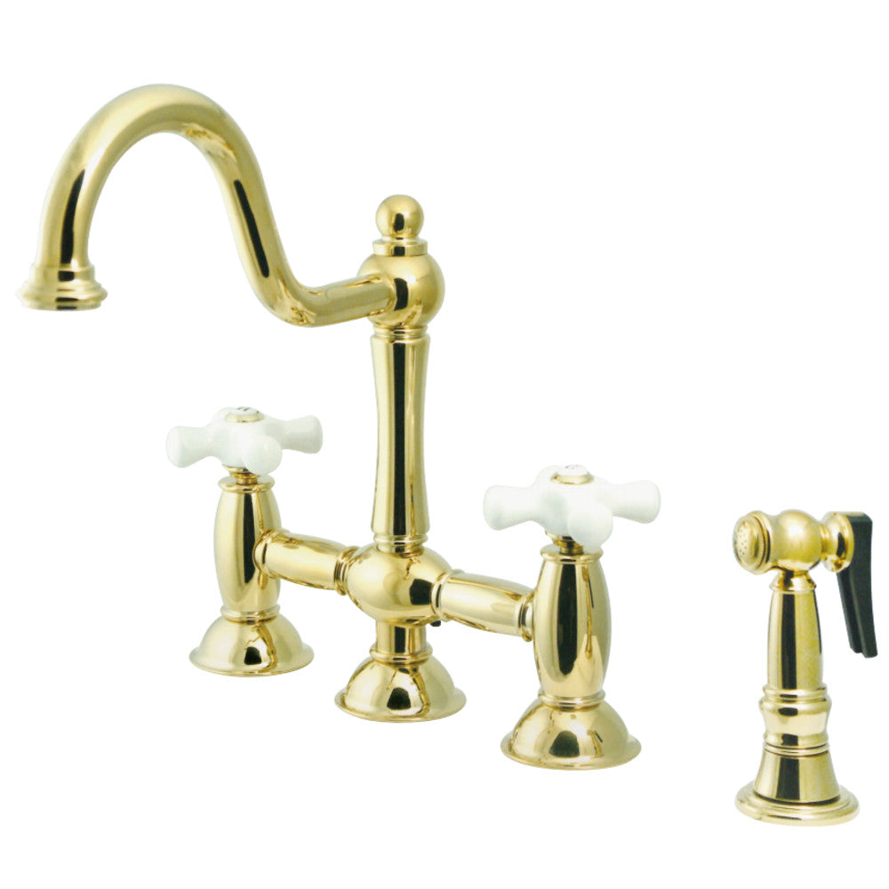 Restoration Bridge Kitchen Faucet With Brass Sprayer In 9" Spout Reach