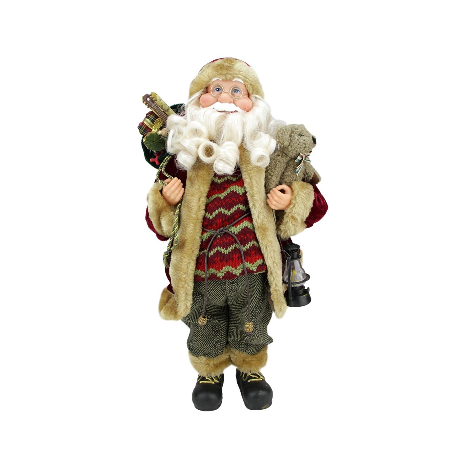 18" Woodland-Inspired Standing Santa Claus Christmas Figure with Teddy Bear and Lantern