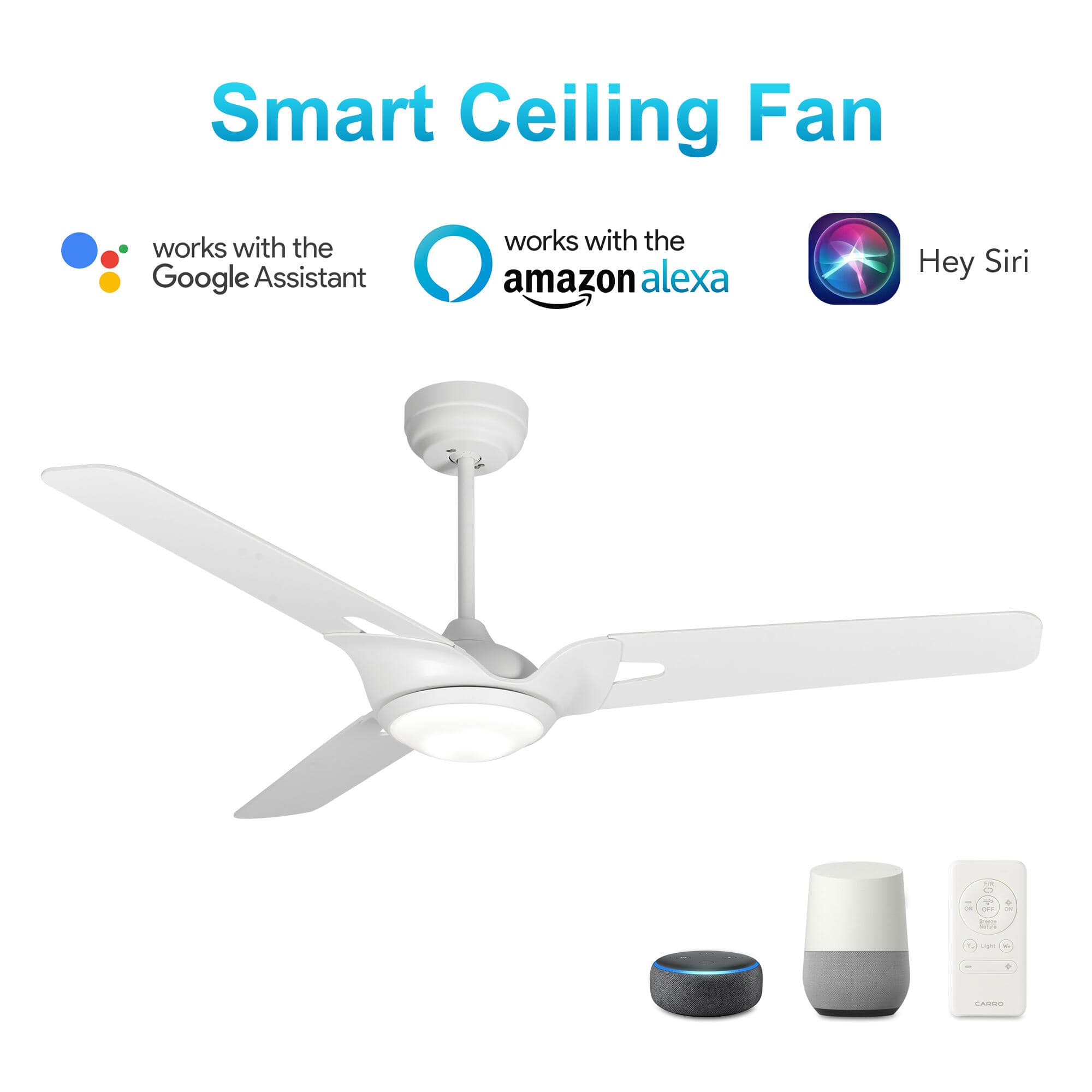 Innovator White/White 3 Blade Smart Ceiling Fan with Dimmable LED Light Kit Works with Remote Control, Wi-Fi apps and Voice control via Google Assistant/Alexa/Siri