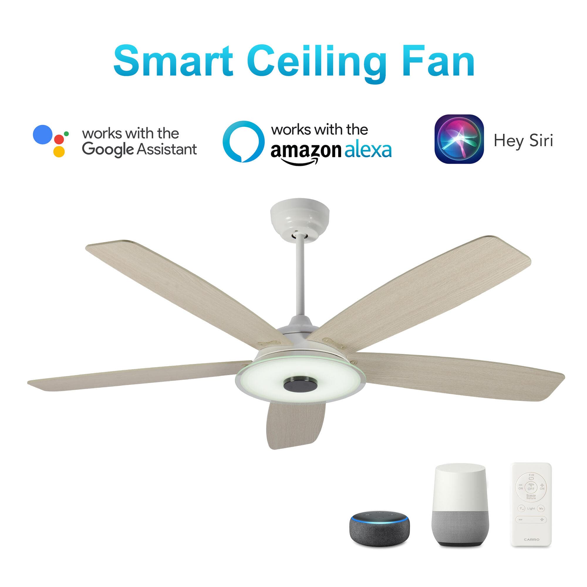 Striker White/Wood 5 Blade Smart Ceiling Fan with Dimmable LED Light Kit Works with Remote Control, Wi-Fi apps and Voice control via Google Assistant/Alexa/Siri