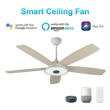 Striker White/Wood 5 Blade Smart Ceiling Fan with Dimmable LED Light Kit Works with Remote Control, Wi-Fi apps and Voice control via Google Assistant/Alexa/Siri