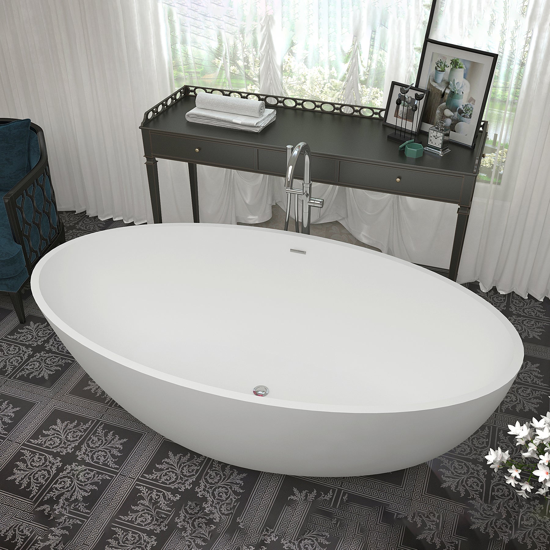 Freestanding Bathtub in Matte White With Center Drain