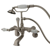 Vintage Adjustable Center Wall Mount Tub Faucet In 7.25 Spout Reach, Procelain Handle