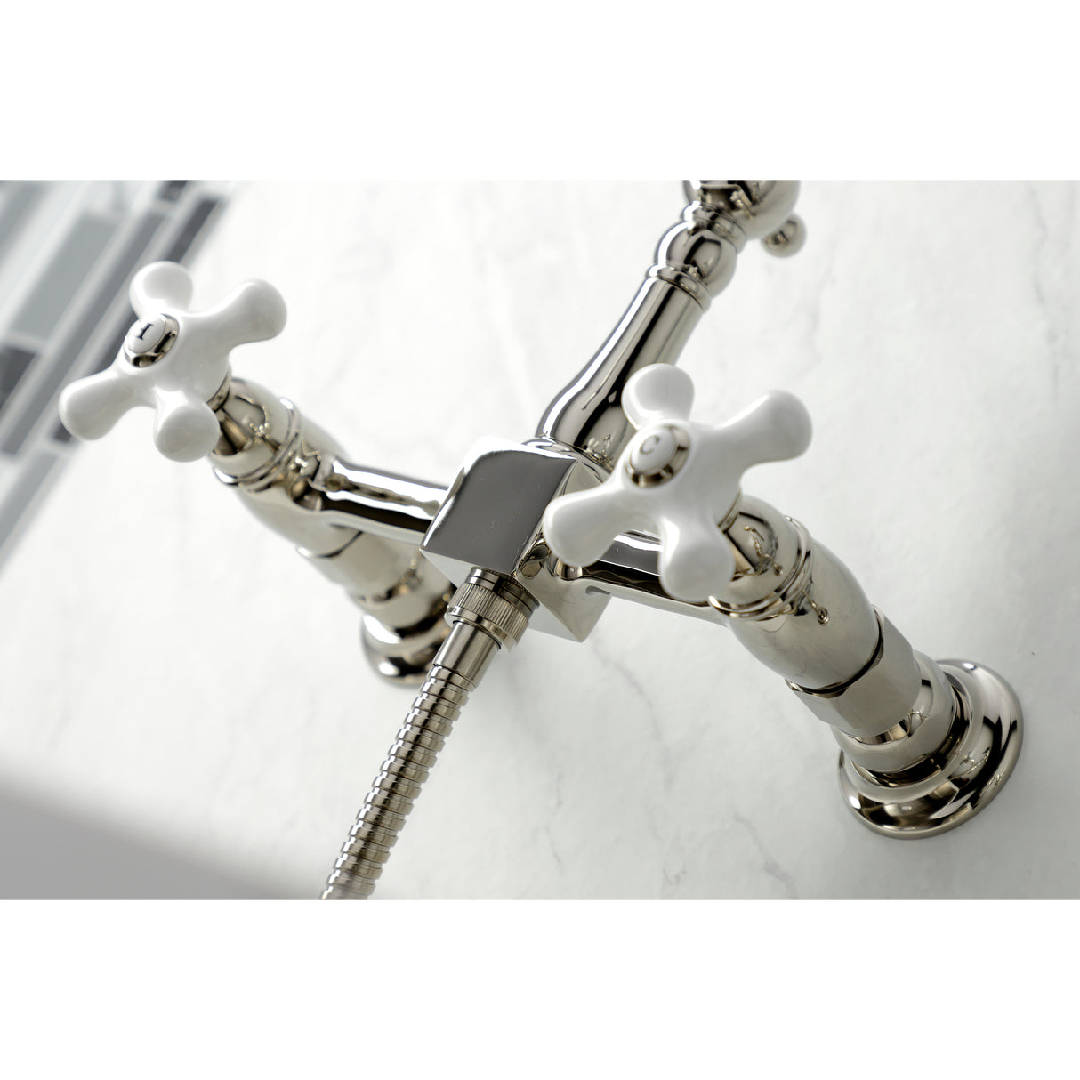 Heritage Wall Mount Bridge Kitchen Faucet W/ Brass Sprayer