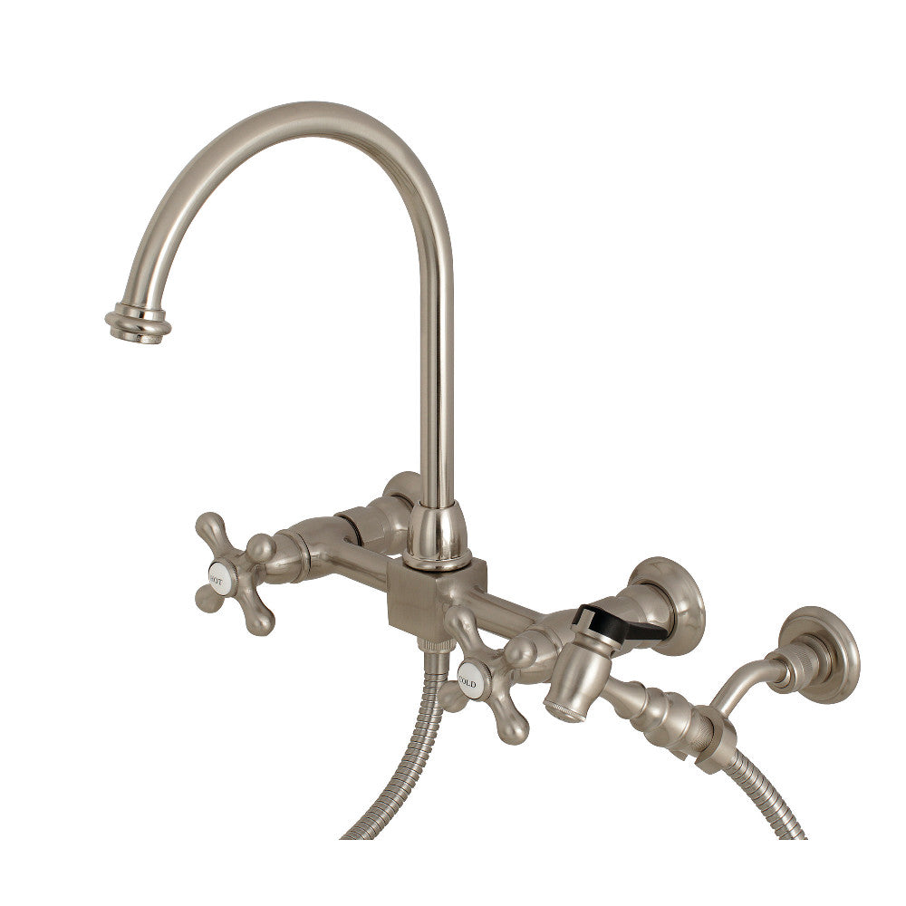 Restoration Wall Mount Bridge Kitchen Faucet In 8.1" Spout Reach With Brass Sprayer