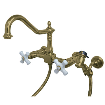 Heritage Two Handle Wall Mount Bridge Kitchen Faucet With Brass Sprayer In 8.2" Spout Reach