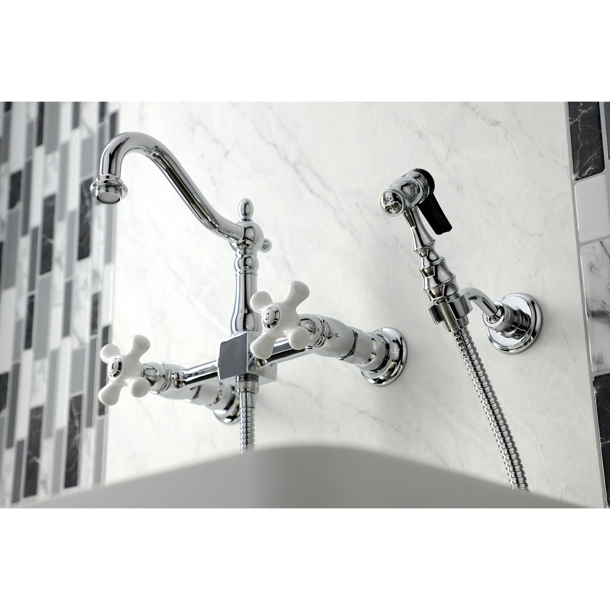 Heritage Wall Mount Bridge Kitchen Faucet W/ Brass Sprayer