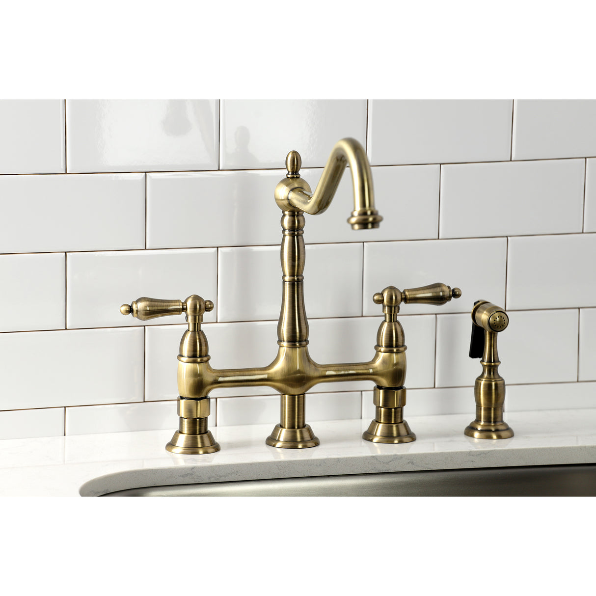 Heritage Bridge Kitchen Faucet with Brass Sprayer