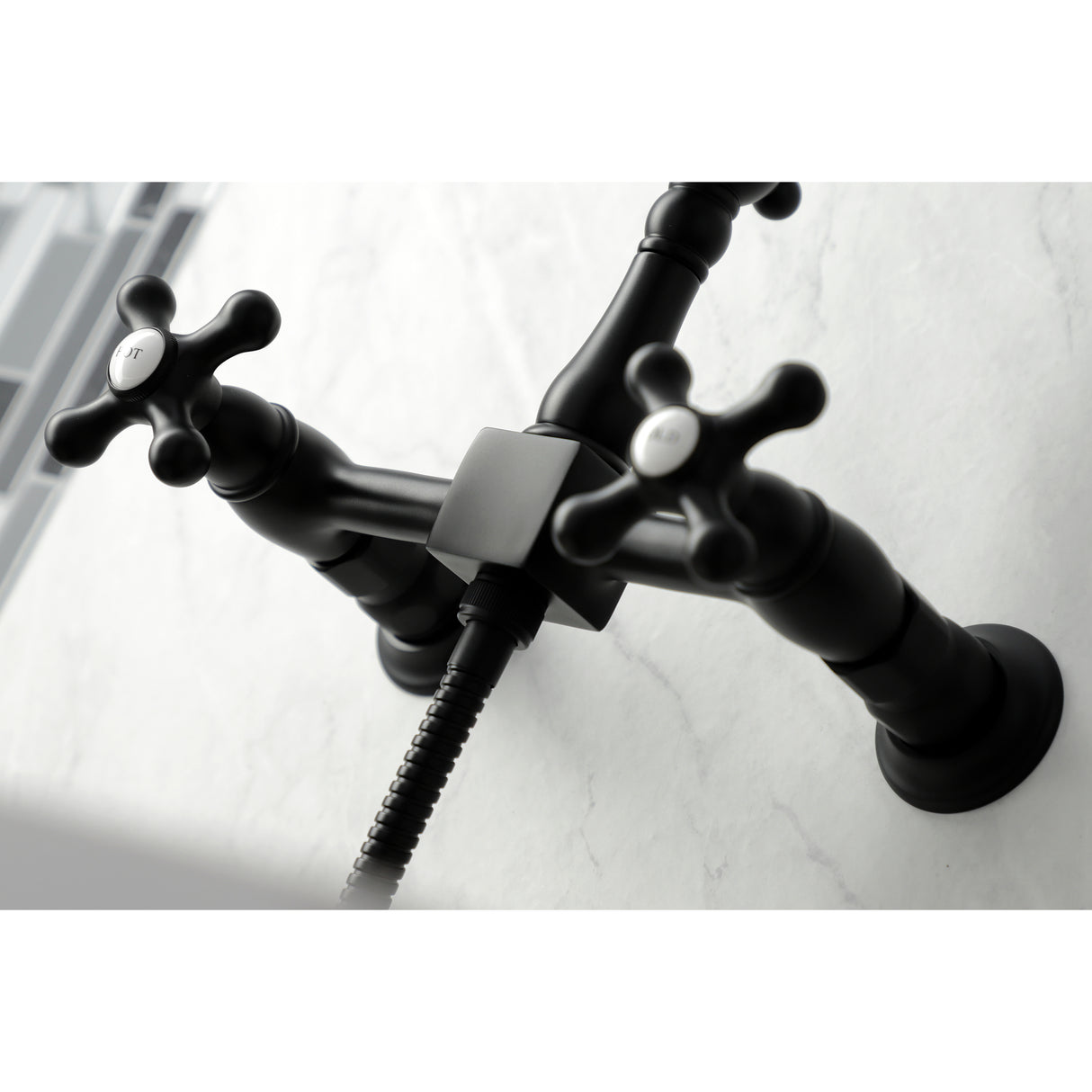 Heritage Wall Mount Bridge Kitchen Faucet with Brass Sprayer