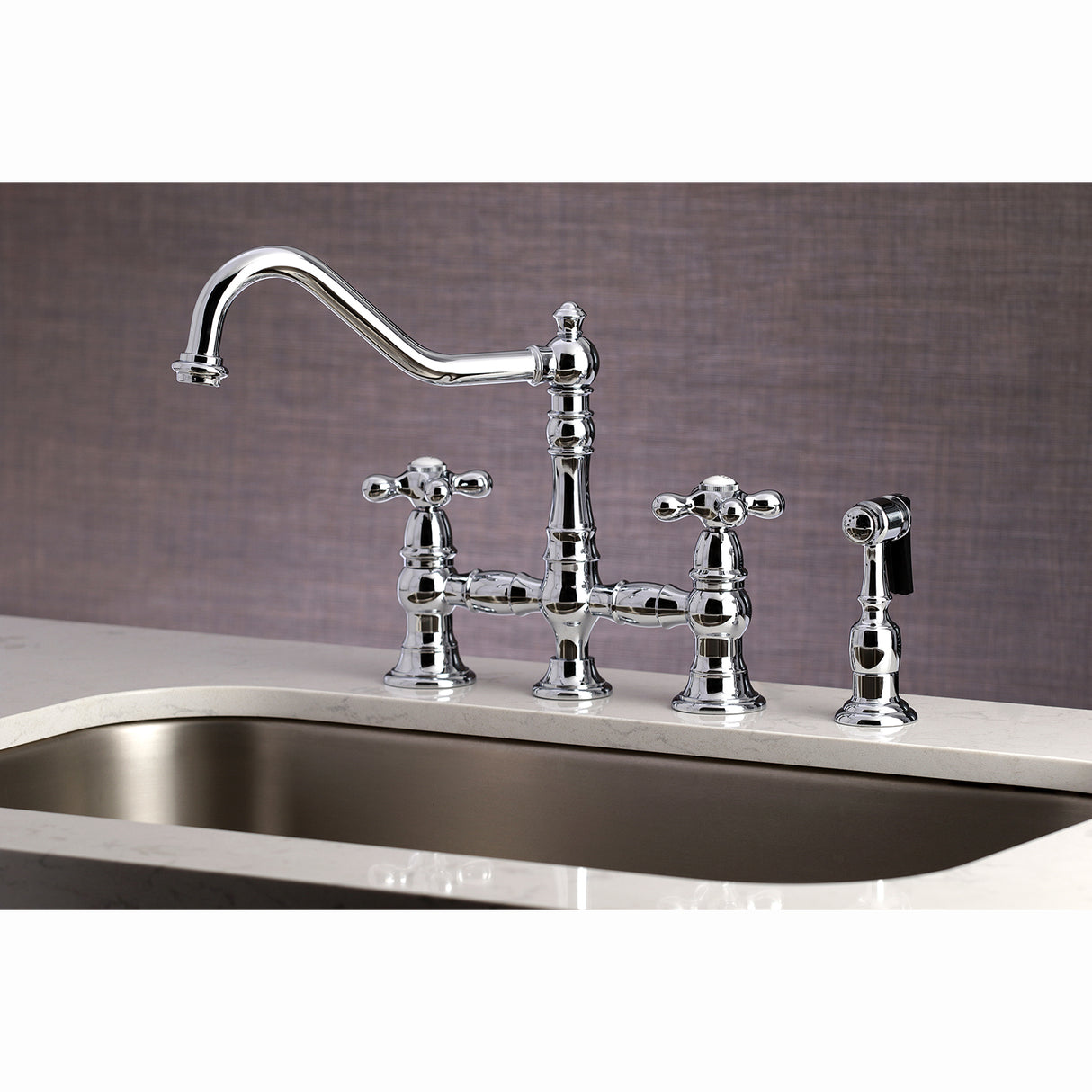 Restoration 8" Bridge Kitchen Faucet With Sprayer Includes Cross Handles For Easy Rotation