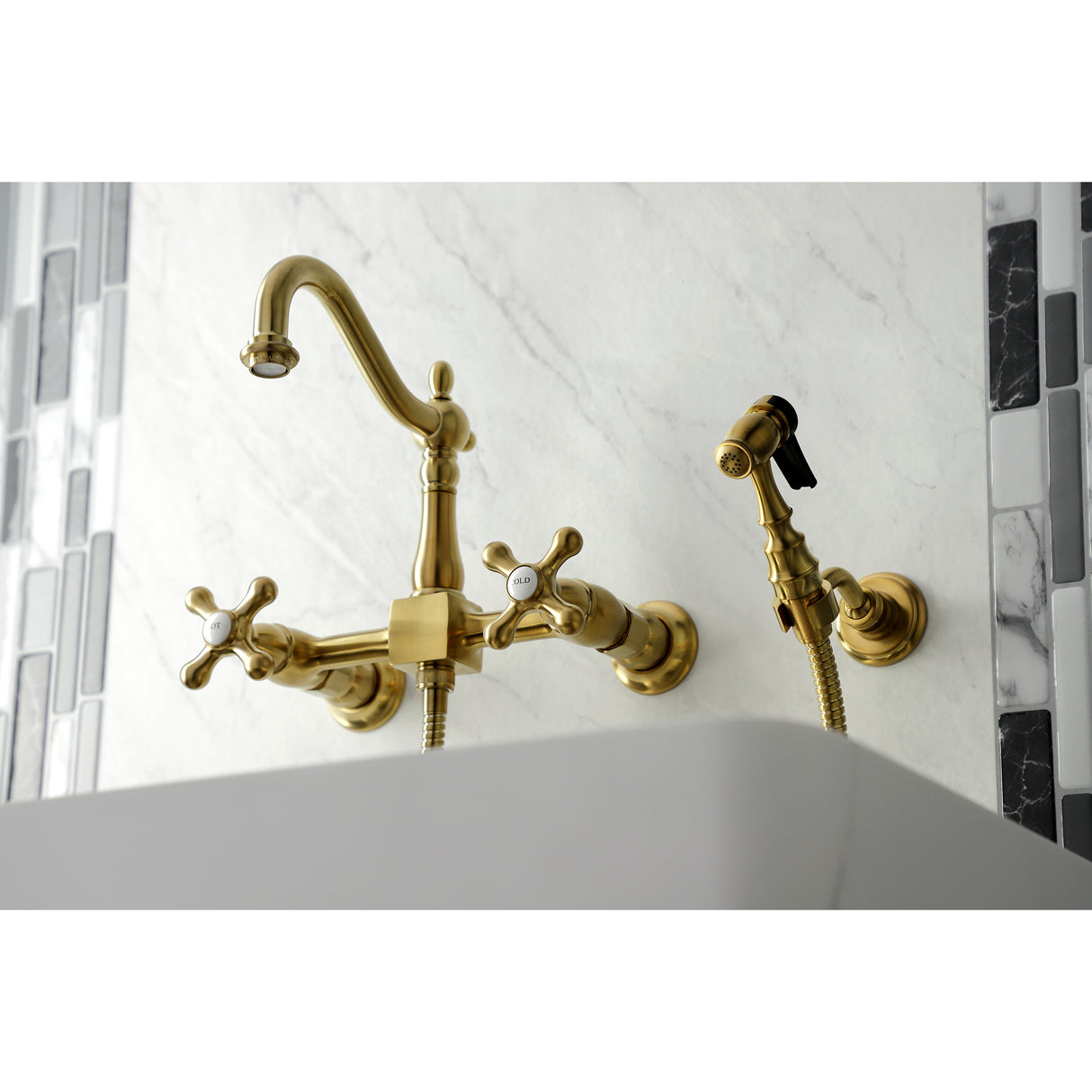 Heritage Wall Mount Bridge Kitchen Faucet with Brass Sprayer