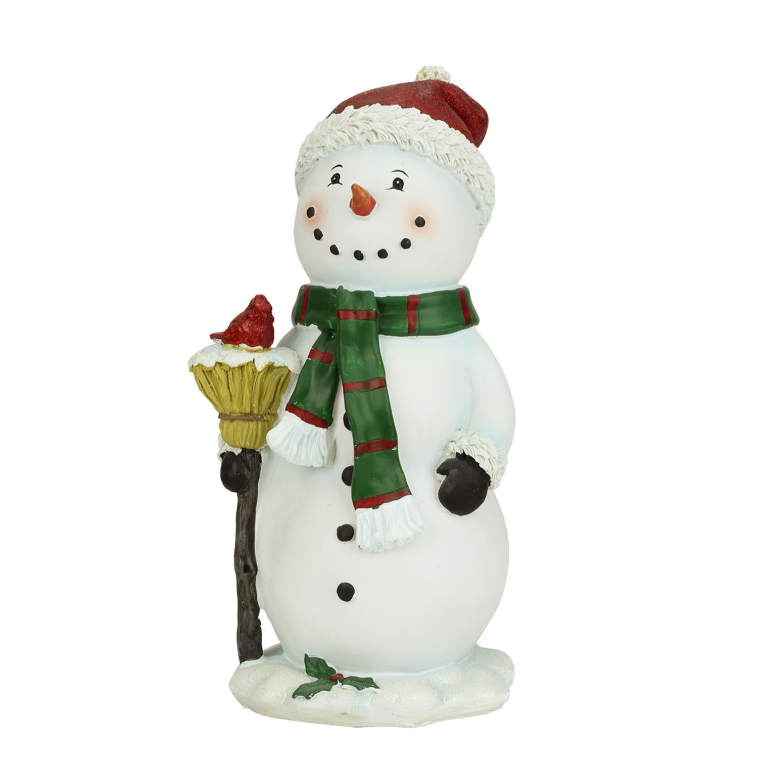 10.25" Festive Snowman Holding Broom with Cardinal Bird Christmas Figure