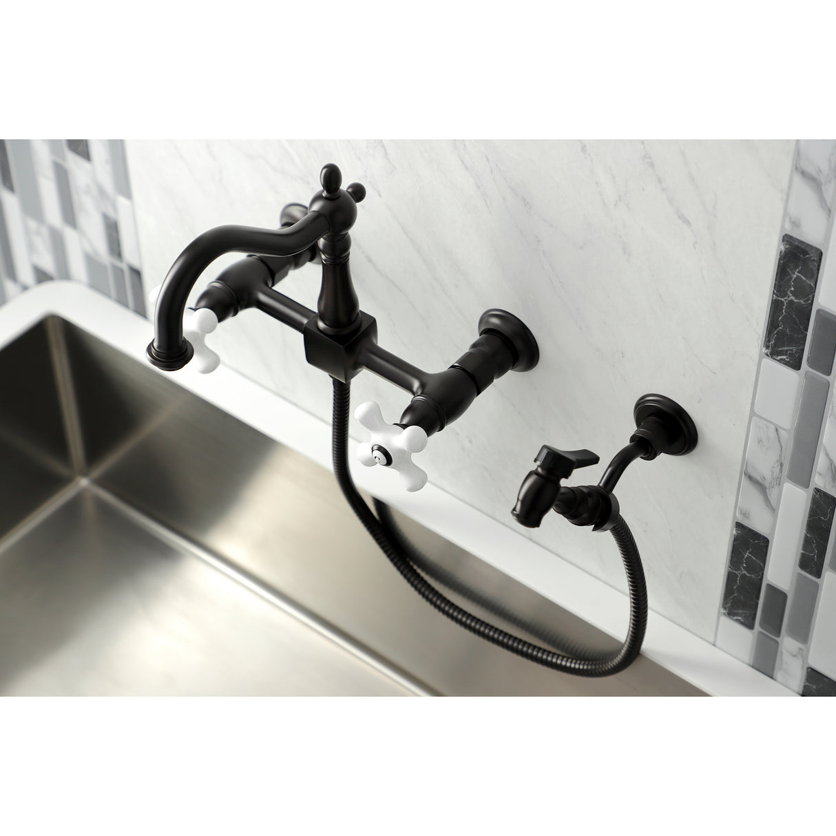 Heritage Wall Mount Bridge Kitchen Faucet W/ Brass Sprayer