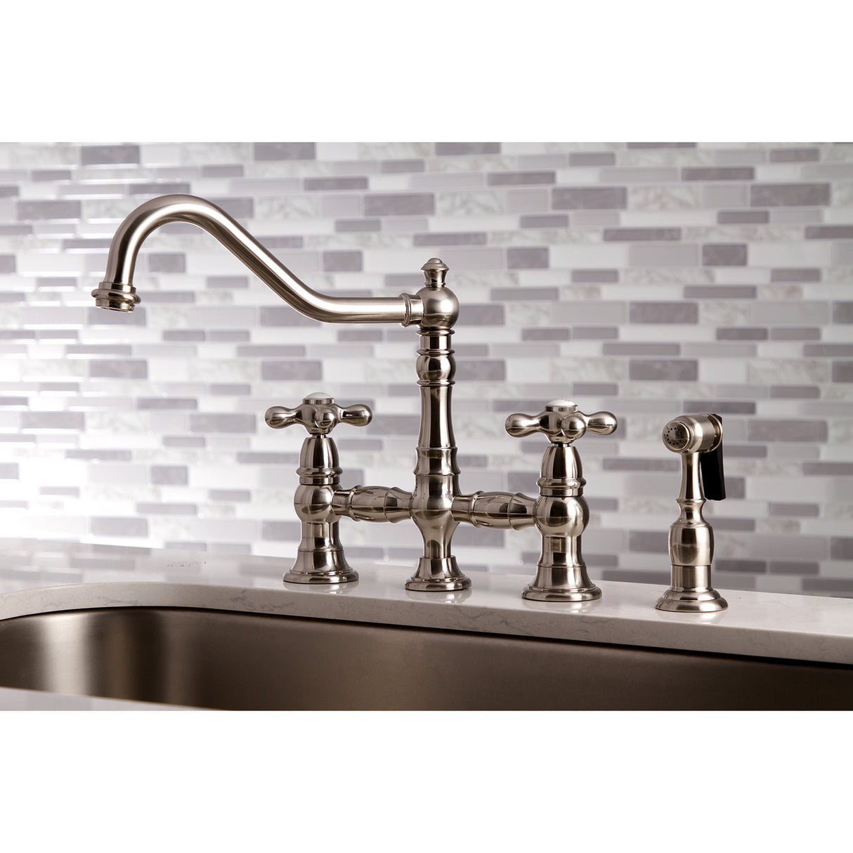 Restoration 8" Bridge Kitchen Faucet With Sprayer Includes Cross Handles For Easy Rotation