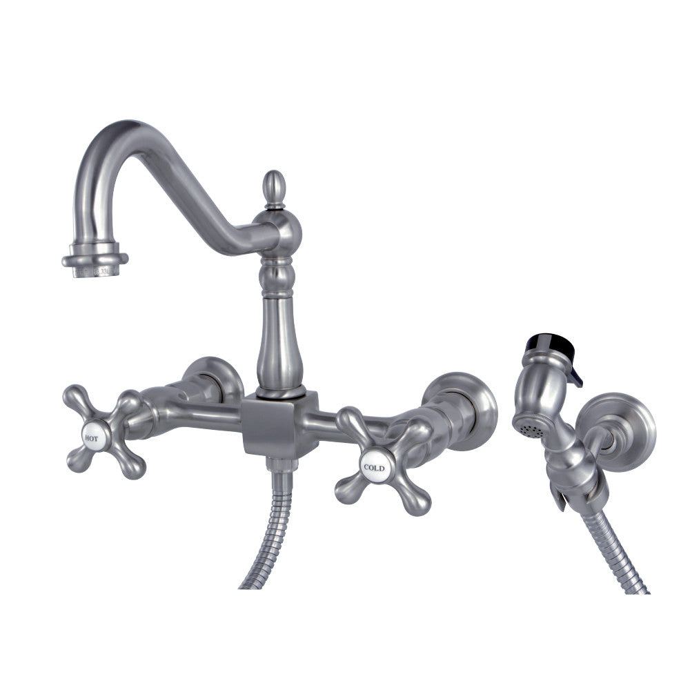 Heritage Two-Handle Wall Mount Bridge Kitchen Faucet With Brass Sprayer