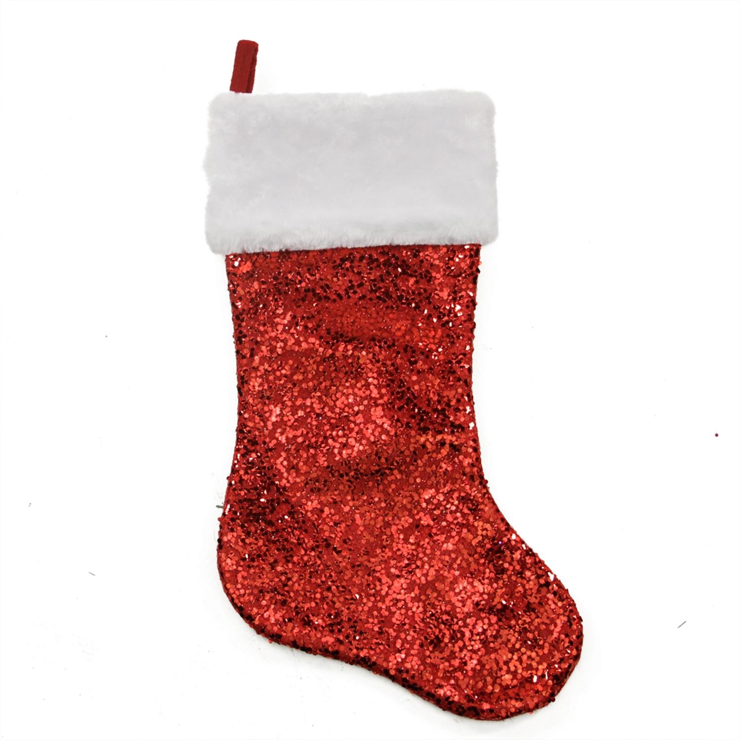 20" Shiny Red Holographic Sequined Christmas Stocking with White Faux Fur Cuff