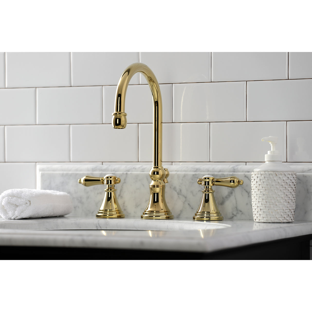 Heirloom Widespread Bathroom Faucet With Brass Pop Up