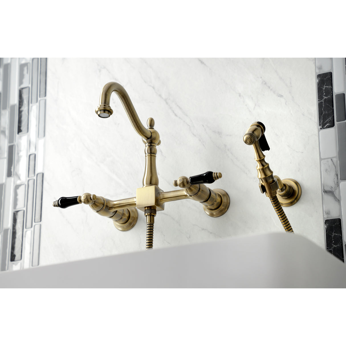 Duchess Wall Mount Traditional Bridge Kitchen Faucet with Brass Sprayer - BUILDMYPLACE